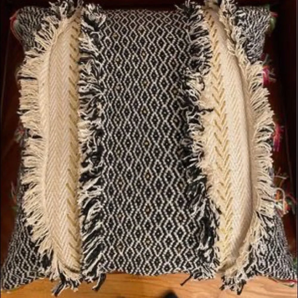 Anthropologie | Tasseled Retrograde Pillow Black Ivory Gold Embroidered